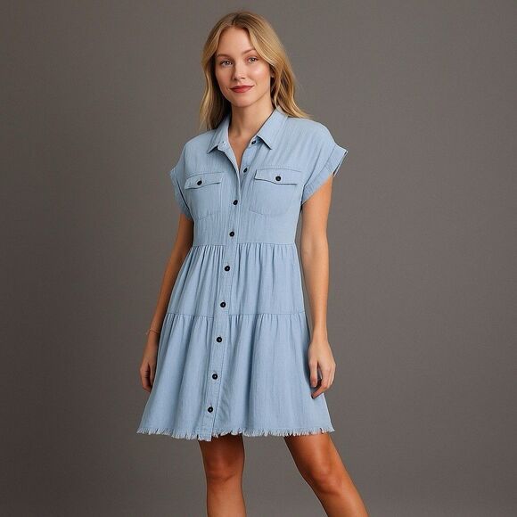 Umgee Frayed Hem Button Down Chambray Shirt Dress Tiered Denim Blue Sz S - Picture 1 of 8